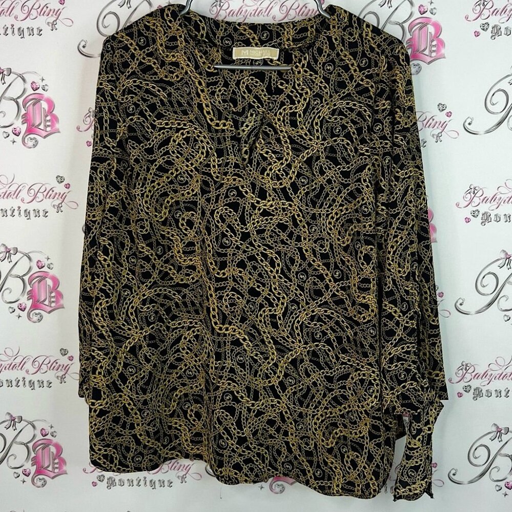 Michael Kors blouse chains ⛓️‍💥 link chain link Black Gold Chain Print Blouse